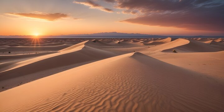 A vast desert landscape with rolling sand dunes under a clear blue sky