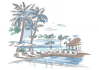 Obraz premium A tropical paradise awaits with a sparkling pool, lush palm trees, and comfortable lounge chairs.