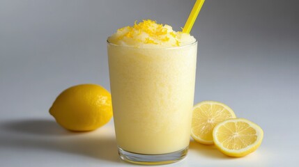 Refreshing lemon smoothie served in a glass with yellow straw and slices of lemon.