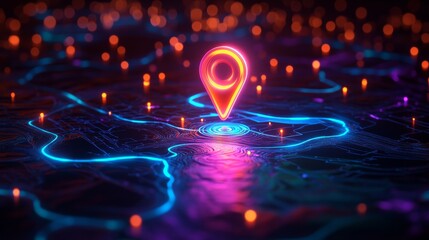 Glowing location pin floating over a neon map