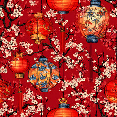 Chinese-inspired doodle tile seamless patterns in an illustrator graphic style
