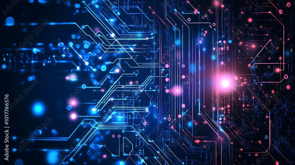 Poster Abstract digital background with glowing lines and circuits.