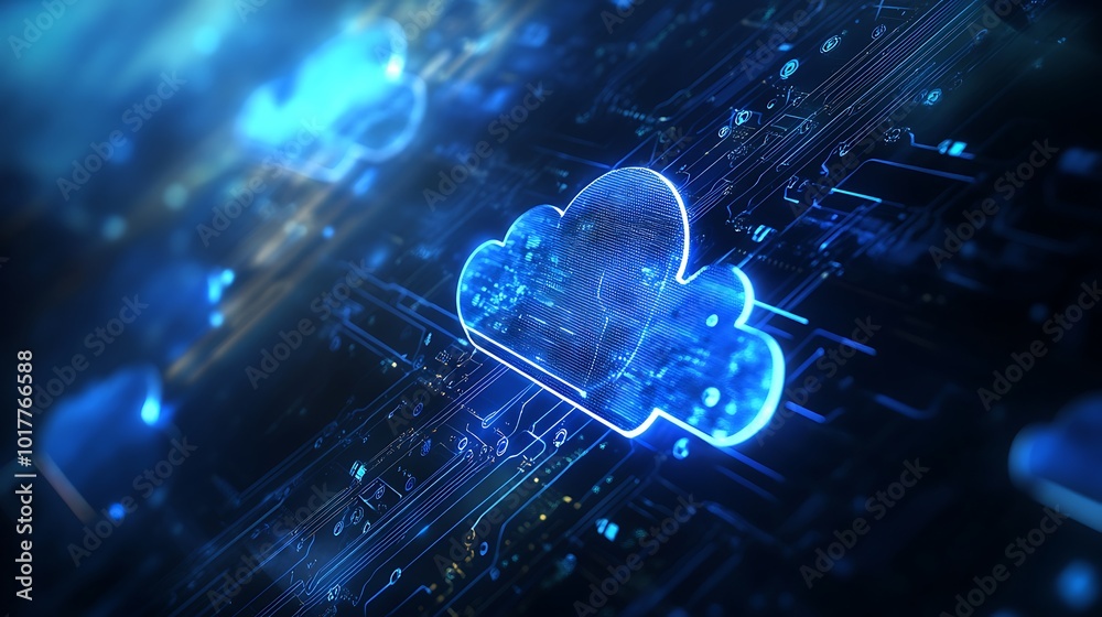 Poster a glowing blue cloud computing icon on a circuit board background.