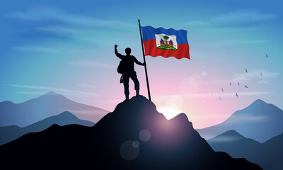 Haiti flag, silhouette of a man holding a flag as a sign of success in reaching the top of the mountain with the morning sun in the background. Vector Illustrator