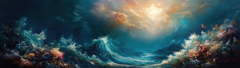 Fototapeta premium Beneath the waves, impressionist waves intertwine with marine life, ethereal lighting creates dreamlike scenes