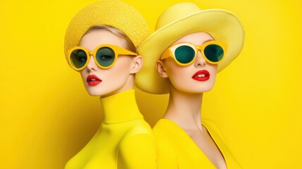 Fototapeta premium Two Fashionable Women in Yellow Outfits and Sunglasses Against a Vibrant Yellow Background, AI