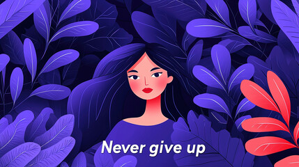 Young woman surrounded by purple leaves is showing never give up motivational quote