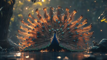 A vibrant peacock displays its colorful feathers near a tranquil water source in a lush, serene environment.