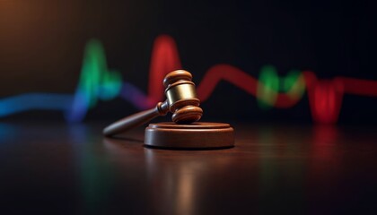 Wooden Gavel on Dark Surface with Colorful Background Lights for Legal and Judicial Themes