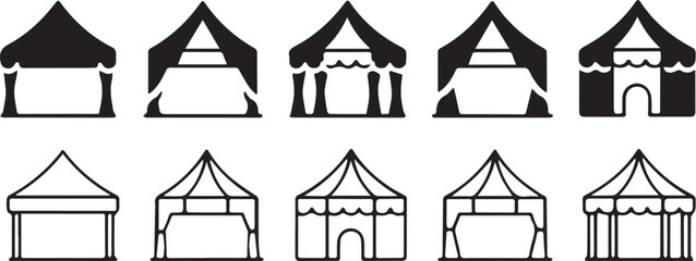 Event tent thin line icon set. Containing tent of festival, circus, party, sales, and carnival.