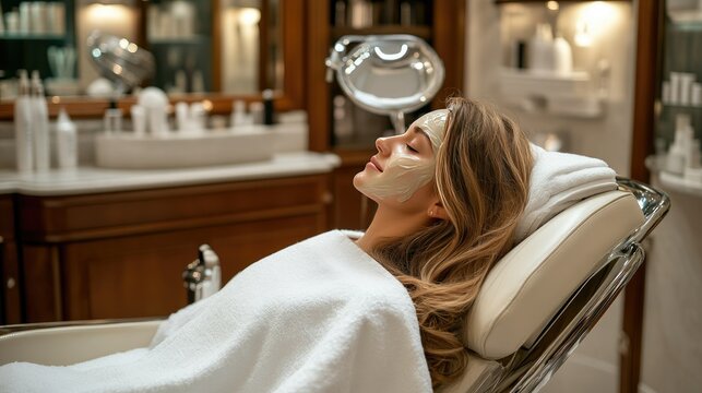 Woman in a luxurious beauty salon with a hair mask applied, relaxing in a comfortable chair as her hair undergoes a deep conditioning treatment.