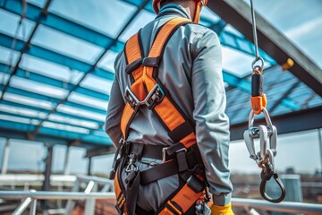 A male construction worker in protective gear, safety belts and with safety belt hooks for working at high altitude. Construction, repair, cleaning, installation.