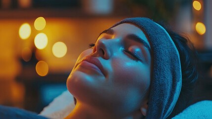 Young woman relaxing in a beauty salon during a rejuvenating facial procedure, soft lighting and calming atmosphere in the background.