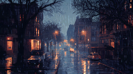 Naklejka premium Rainy Streets Pixel Art