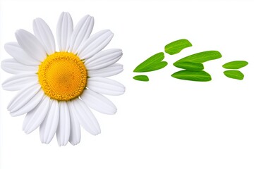 Beautiful white flower with a bright yellow centre. flower is positioned in the centre of the frame. Beautiful daisy flower with flying petals isolated on a white background