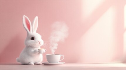 Fototapeta premium A white rabbit is sitting on a table with a cup of coffee