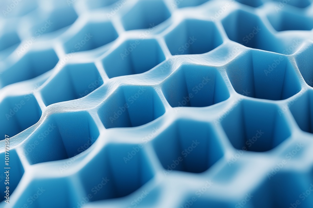Poster blue object with a hexagonal pattern. the object is blue and has a unique, intricate design that is 