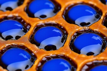 Blue object with a hexagonal pattern. The object is blue and has a unique, intricate design that is made up of many small hexagons. The pattern is very detailed. cell blue honey comb