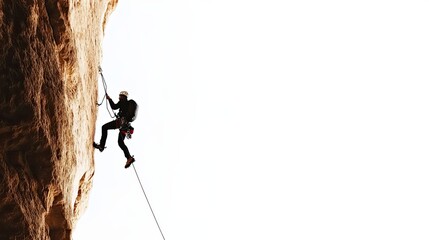 A rock climber hangs suspended from a cliff face