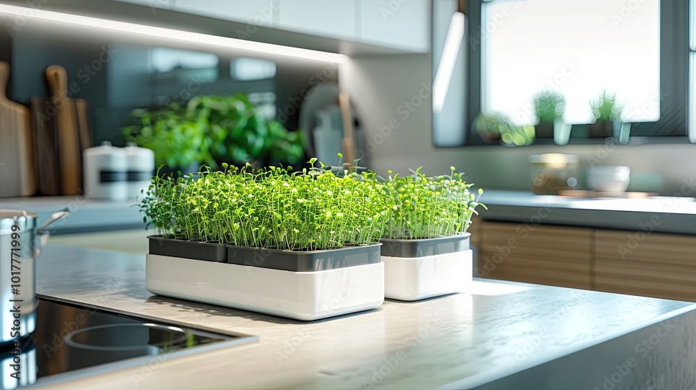 Poster A pair of planters filled with vibrant microgreens sits on a kitchen countertop, illuminated by bright sunlight through the window. Generative AI