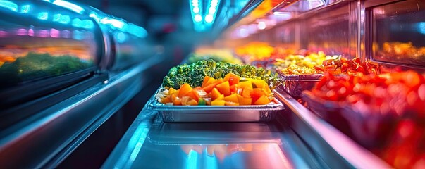 Low-angle perspective of culinary innovations, futuristic food tech glowing under colorful lights