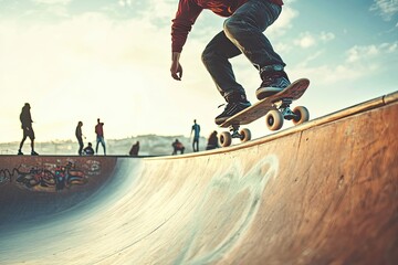 Naklejka premium Skateboarder Performing a Trick on a Ramp at Sunset