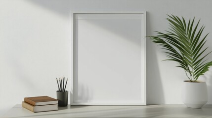 Fototapeta premium A white frame sits on a table next to a potted plant and a stack of books
