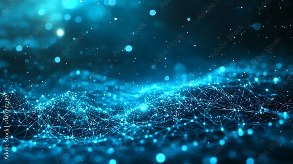 Poster abstract blue digital network with bokeh lights.