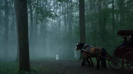 A haunted Halloween trail ride, with horse-drawn carriages taking guests through a fog-filled forest filled with ghostly apparitions.