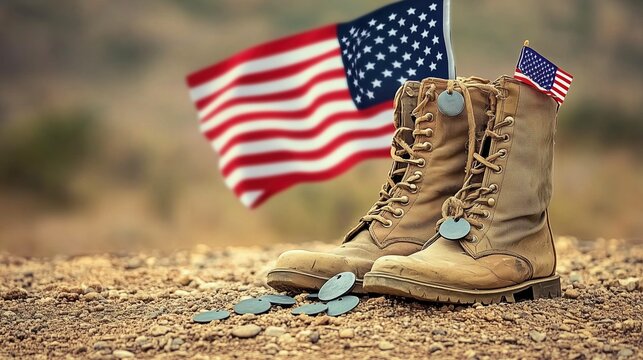 Worn old boots with dog tags and two small American flags resting on the ground in a desert landscape, symbolizing U.S. military service, sacrifice, and camaraderie. The rugged boots represent resilie