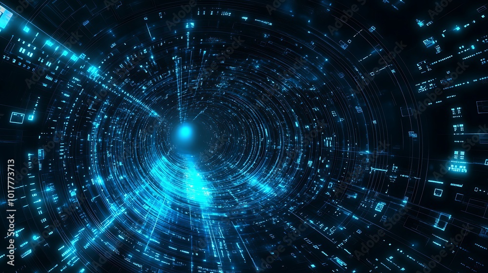 Poster Abstract digital tunnel with glowing blue lights and data patterns.