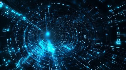 Abstract digital tunnel with glowing blue lights and data patterns.
