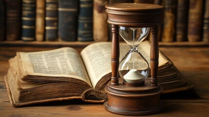 A book with a sand timer on top of it
