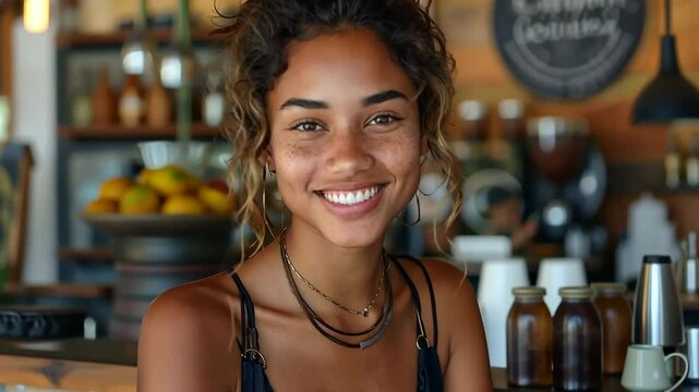 The confident and alluring waitress smiles behind the bar counter in her portrait.