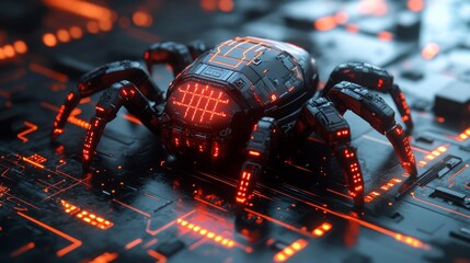 Black widow spider robot crawling on circuit board with red lights