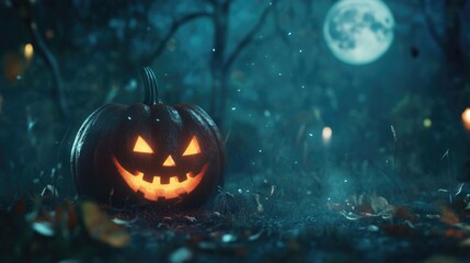 Fototapeta premium Spooky Halloween scene featuring carved pumpkin and moon, cartoon style.