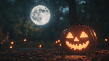 Scary carved pumpkin under full moon, ominous Halloween night.