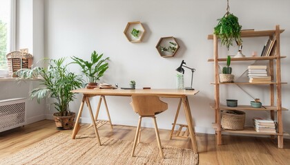 Stylish scandinavian home decor of interior with creative wooden desk, bamboo bookstand with accessories, books and plants. Open space and living room. Brown wooden parquet and stylish carpet.