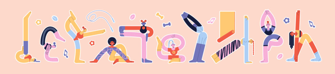 People stretching set. Abstract women practice asanas, different yoga poses. Girls do sport workout, physical exercises. Happy characters do fitness, gymnastic. Flat isolated vector illustrations