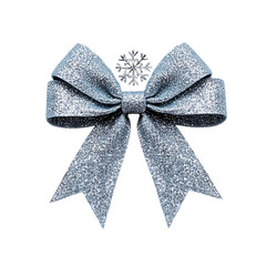 Elegant silver glitter bow with a sparkling snowflake accent, perfect for festive decorations and gift wrapping.