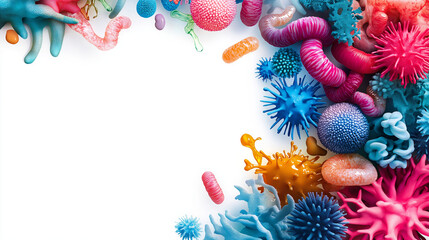 Obraz premium Colorful 3d microorganisms and viruses illustration with copy space on white background. Health and infection awareness design for medical education and campaigns