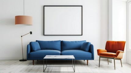 A living room with a blue couch, a white coffee table, and a potted plant