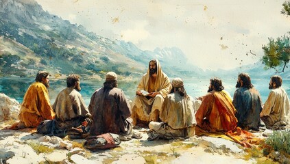 Jesus teaching disciples by a serene lakeside with mountains in the background, peaceful and reflective scene Generative AI