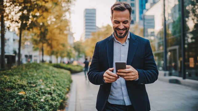 A man is walking down a sidewalk with a cell phone in his hand