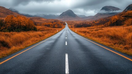 Misty mountain road through autumn forest with fog and snow-covered peaks Generative AI