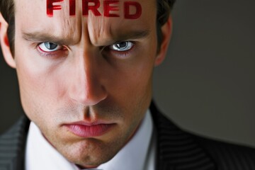 Corporate Tensions: Businessman with "FIRED" Inscription