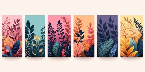 Obraz premium Colorful abstract botanical panels with bold foliage patterns in shades of pink, teal, and orange, creating a vibrant natural composition Generative AI