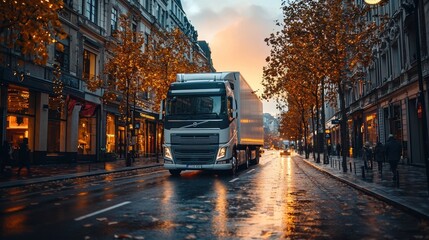 Obraz premium Delivery truck driving down an autumn tree-lined street with golden sunlight filtering through the leaves Generative AI