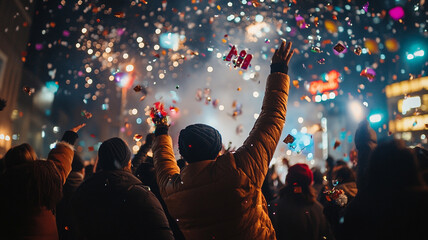 Welcoming New Year 2025 with joy and celebration in a lively city street filled with fireworks