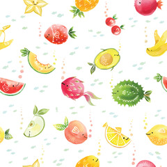 Cute Fruits mix Fish characters. Cartoon doodle illustration seamless pattern for kids apparel, fabric, wrapping paper. watercolour style